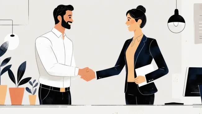 empresario-agencia-alinhamento-comunicacao Empresário e consultor de agência de marketing digital apertando as mãos em sinal de acordo e alinhamento, simbolizando uma comunicação eficaz e a parceria na construção de uma marca forte e lucrativa para pequenos negócios.