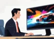Empresário analisando um gráfico de custos e ROI para uma campanha de In-Game Advertising (IGA), com foco em anúncios em jogos digitais mobile para otimizar o orçamento de marketing em 2025.