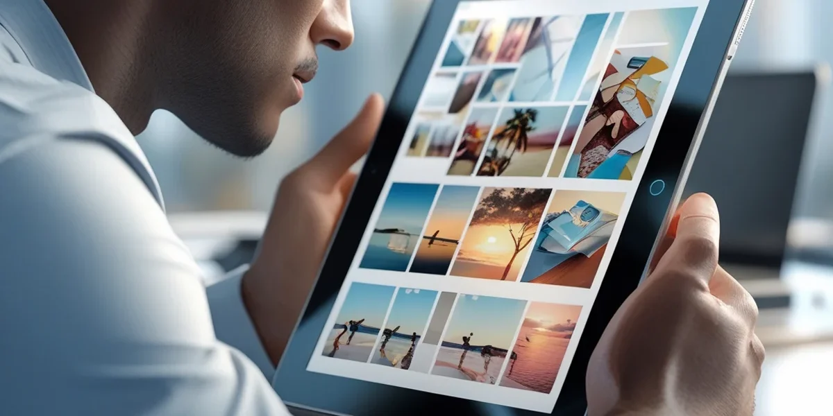 Imagem de um empresário ou lojista usando um notebook para analisar o Google Imagens, simbolizando a estratégia de tráfego de pesquisa por imagem. A otimização de SEO de imagens, incluindo o Alt Text e o nome de arquivo, é crucial para que pequenos negócios gerem tráfego orgânico qualificado e aumentem as vendas.