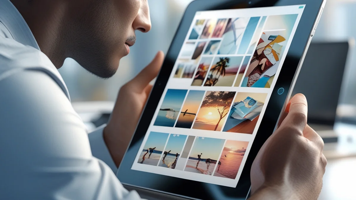 Imagem de um empresário ou lojista usando um notebook para analisar o Google Imagens, simbolizando a estratégia de tráfego de pesquisa por imagem. A otimização de SEO de imagens, incluindo o Alt Text e o nome de arquivo, é crucial para que pequenos negócios gerem tráfego orgânico qualificado e aumentem as vendas.