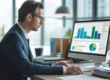 Empresário em frente a um computador analisando gráficos de um Teste A/B (Split Testing) em marketing digital, comparando os resultados de dois públicos-alvo para descobrir qual grupo converte mais em vendas para o pequeno negócio.