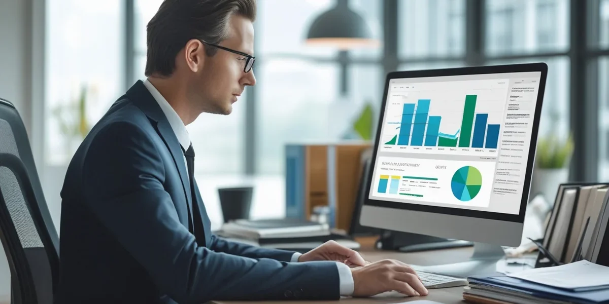 empresario-analisando-grafico-teste-ab Empresário em frente a um computador analisando gráficos de um Teste A/B (Split Testing) em marketing digital, comparando os resultados de dois públicos-alvo para descobrir qual grupo converte mais em vendas para o pequeno negócio.