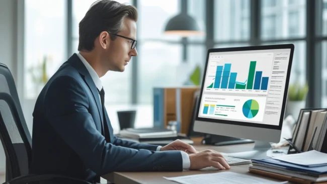 empresario-analisando-grafico-teste-ab Empresário em frente a um computador analisando gráficos de um Teste A/B (Split Testing) em marketing digital, comparando os resultados de dois públicos-alvo para descobrir qual grupo converte mais em vendas para o pequeno negócio.