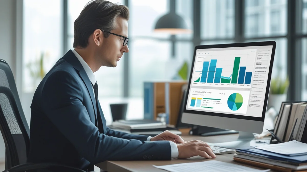Empresário em frente a um computador analisando gráficos de um Teste A/B (Split Testing) em marketing digital, comparando os resultados de dois públicos-alvo para descobrir qual grupo converte mais em vendas para o pequeno negócio.