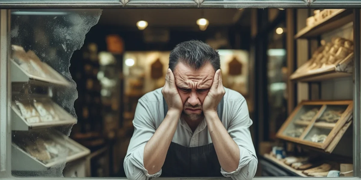 Imagem de um pequeno empresário ou lojista, com expressão de frustração, analisando uma vitrine de loja empoeirada, representando o Efeito “Vitrine Desatualizada” no mundo digital e como a falta de otimização de sites ou landing pages prejudica o desempenho e o retorno sobre o investimento (ROI) de anúncios pagos no Google Ads e Meta Ads.