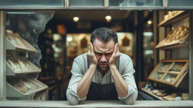 Imagem de um pequeno empresário ou lojista, com expressão de frustração, analisando uma vitrine de loja empoeirada, representando o Efeito “Vitrine Desatualizada” no mundo digital e como a falta de otimização de sites ou landing pages prejudica o desempenho e o retorno sobre o investimento (ROI) de anúncios pagos no Google Ads e Meta Ads.