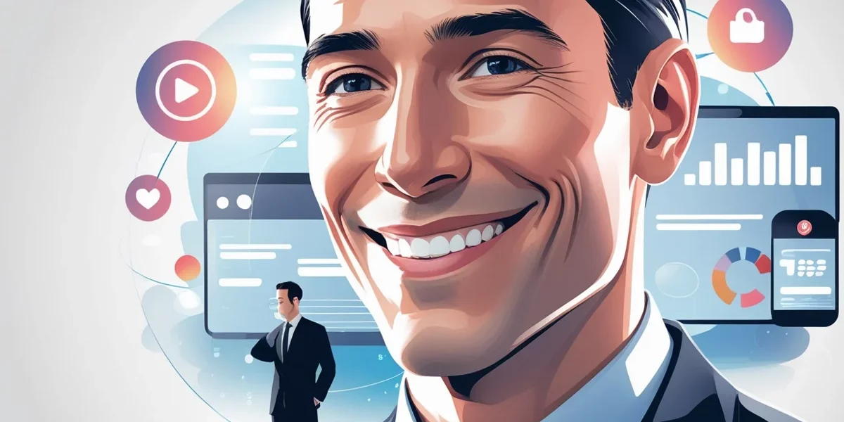 Empresário em um ambiente digital, com foco no rosto, sorrindo e usando a comunicação estratégica para conectar sua marca pessoal (Personal Branding) com o público, gerando autoridade e credibilidade.