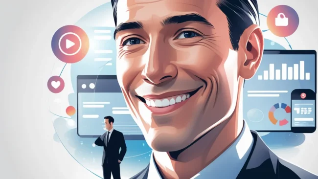 Empresário em um ambiente digital, com foco no rosto, sorrindo e usando a comunicação estratégica para conectar sua marca pessoal (Personal Branding) com o público, gerando autoridade e credibilidade.