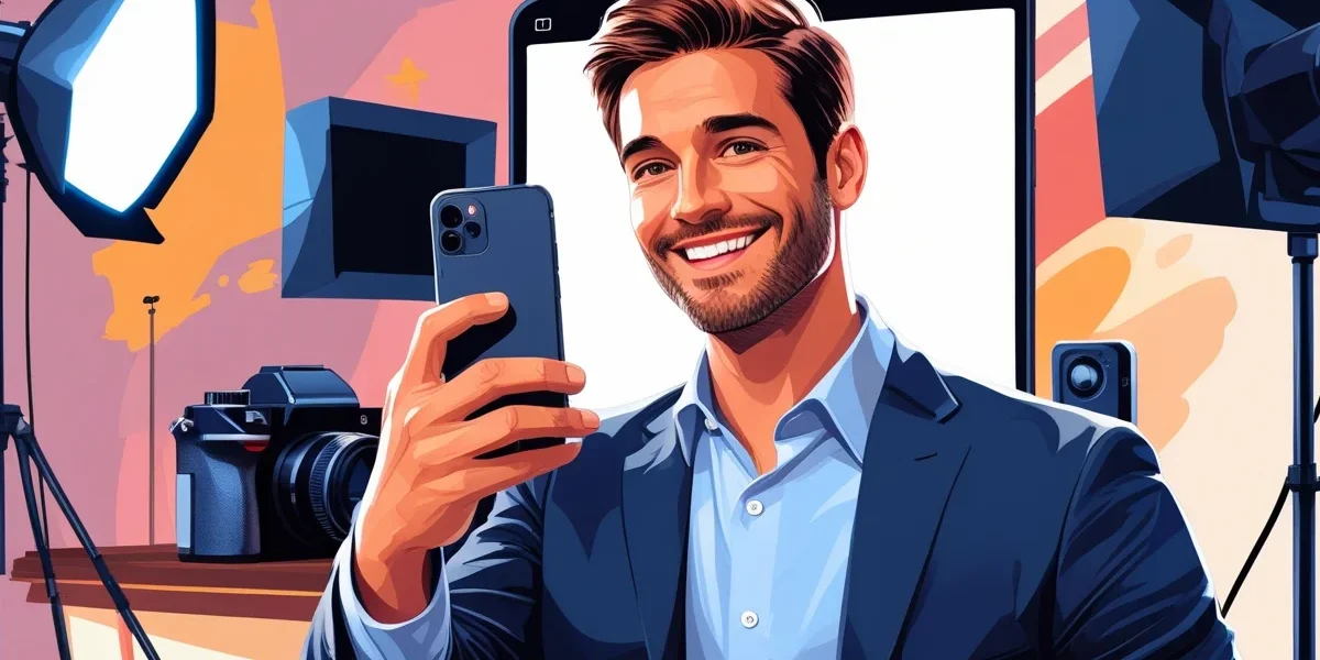 Empresário utilizando o celular para gravar Stories do Instagram em um ambiente de bastidores, mostrando a estratégia de venda sutil e a humanização da marca para pequenos negócios e lojistas.