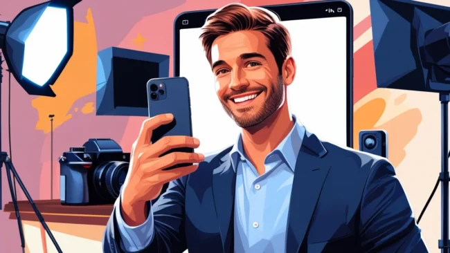 empresario-usando-stories-para-venda-sutil Empresário utilizando o celular para gravar Stories do Instagram em um ambiente de bastidores, mostrando a estratégia de venda sutil e a humanização da marca para pequenos negócios e lojistas.