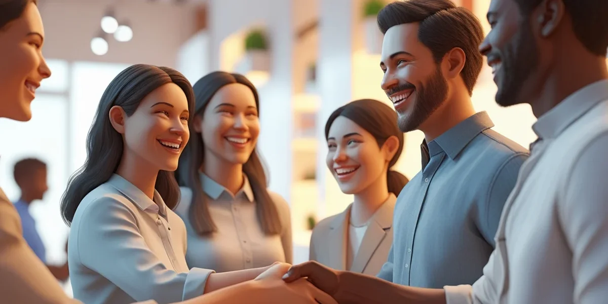 equipe-pequena-empresa-interagindo-com-clientes Imagem de uma equipe de pequena empresa sorrindo e interagindo de forma pessoal e humana com clientes em uma loja ou evento, representando a estratégia de humanização da marca e a criação de conexões reais no marketing digital.