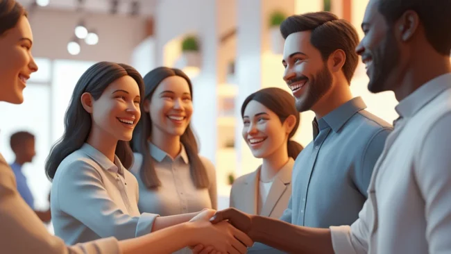 equipe-pequena-empresa-interagindo-com-clientes Imagem de uma equipe de pequena empresa sorrindo e interagindo de forma pessoal e humana com clientes em uma loja ou evento, representando a estratégia de humanização da marca e a criação de conexões reais no marketing digital.