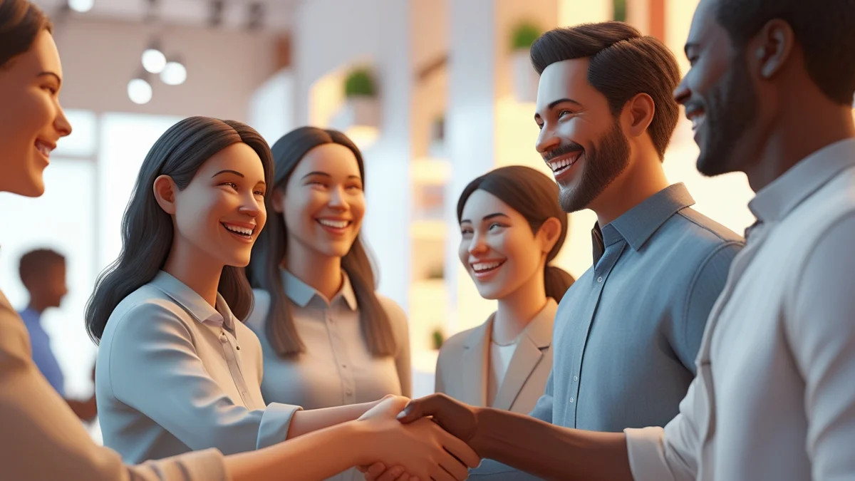 Imagem de uma equipe de pequena empresa sorrindo e interagindo de forma pessoal e humana com clientes em uma loja ou evento, representando a estratégia de humanização da marca e a criação de conexões reais no marketing digital.