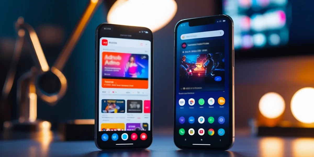Um smartphone exibindo um banner de anúncio do AdMob dentro de um app de notícias ao lado de outro smartphone mostrando um anúncio em vídeo recompensado (rewarded video) do Unity Ads dentro de um jogo, ilustrando a diferença entre as plataformas de publicidade mobile para negócios.