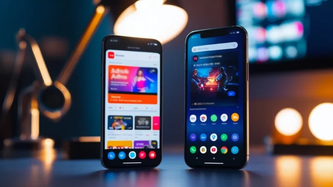 comparativo-admob-vs-unity-ads-para-anunciantes Um smartphone exibindo um banner de anúncio do AdMob dentro de um app de notícias ao lado de outro smartphone mostrando um anúncio em vídeo recompensado (rewarded video) do Unity Ads dentro de um jogo, ilustrando a diferença entre as plataformas de publicidade mobile para negócios.