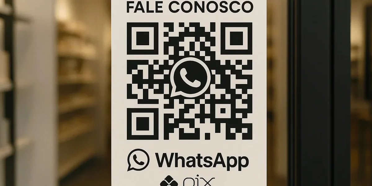 Um adesivo de porta de loja com design minimalista e estratégico, destacando um QR Code grande para o WhatsApp e o símbolo do Pix, ilustrando como lojistas podem usar esse espaço para comunicação visual eficaz e aumentar o fluxo de clientes na loja física.