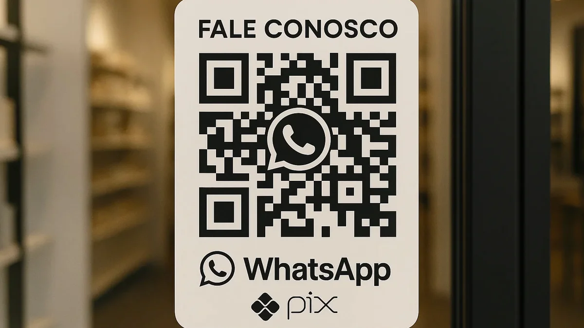 Um adesivo de porta de loja com design minimalista e estratégico, destacando um QR Code grande para o WhatsApp e o símbolo do Pix, ilustrando como lojistas podem usar esse espaço para comunicação visual eficaz e aumentar o fluxo de clientes na loja física.
