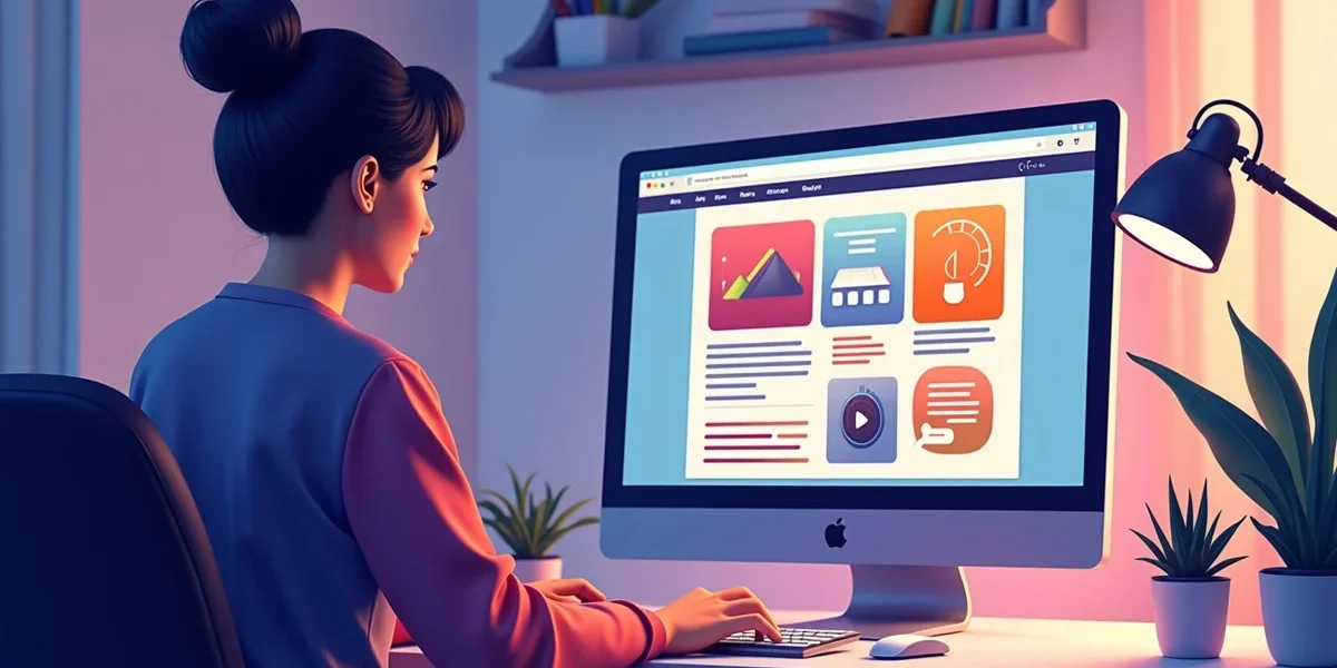 Designer gráfico editando um anúncio digital em um computador, mostrando elementos de hierarquia visual e cores vibrantes para marketing.