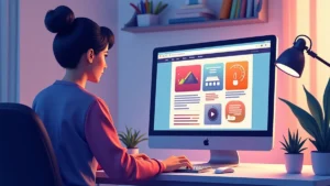 Designer gráfico editando um anúncio digital em um computador, mostrando elementos de hierarquia visual e cores vibrantes para marketing.