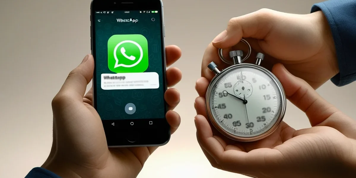 Uma ilustração de um cronômetro ao lado de um celular com WhatsApp, simbolizando a urgência e a rapidez na comunicação. A imagem destaca a importância de um atendimento ágil no WhatsApp Business para empresários e lojistas que desejam aumentar drasticamente suas taxas de conversão e vendas.