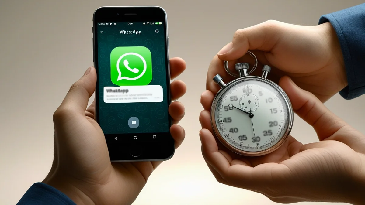 Uma ilustração de um cronômetro ao lado de um celular com WhatsApp, simbolizando a urgência e a rapidez na comunicação. A imagem destaca a importância de um atendimento ágil no WhatsApp Business para empresários e lojistas que desejam aumentar drasticamente suas taxas de conversão e vendas.