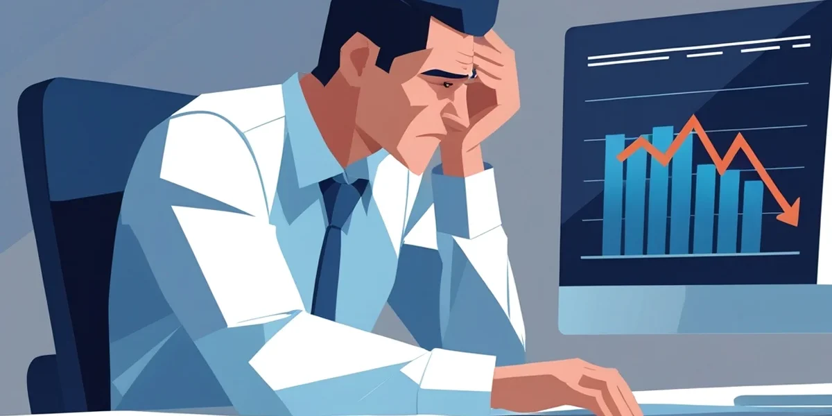 empresario-analisando-resultados-insatisfatorios-branding Empresário frustrado olhando para um gráfico de resultados insatisfatórios em seu computador, refletindo sobre por que o investimento em branding não trouxe o retorno esperado para sua pequena empresa.