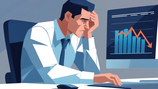 empresario-analisando-resultados-insatisfatorios-branding Empresário frustrado olhando para um gráfico de resultados insatisfatórios em seu computador, refletindo sobre por que o investimento em branding não trouxe o retorno esperado para sua pequena empresa.