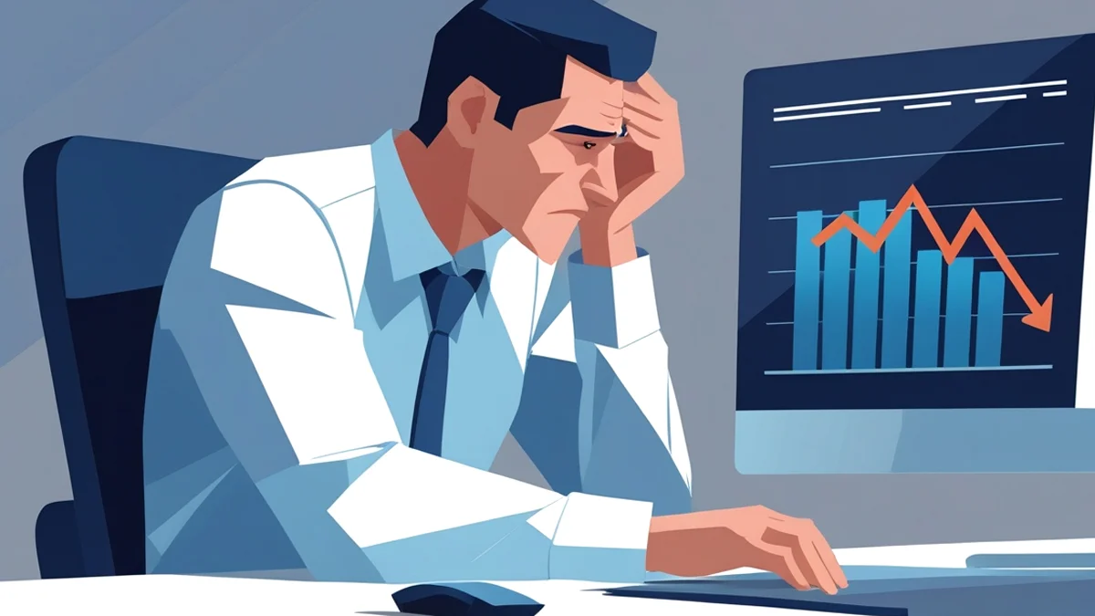 Empresário frustrado olhando para um gráfico de resultados insatisfatórios em seu computador, refletindo sobre por que o investimento em branding não trouxe o retorno esperado para sua pequena empresa.