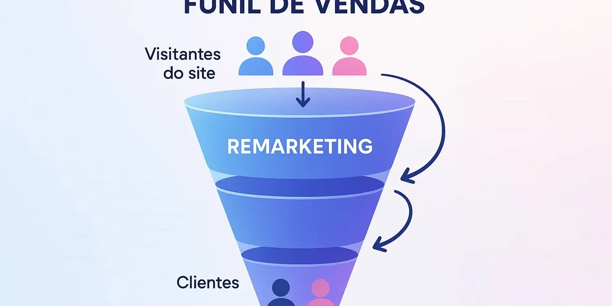 Ilustração de um funil de vendas digital, onde a estratégia de Remarketing é destacada no meio e no fim do funil, indicando a recuperação de clientes que saíram do site, com foco em empresários e pequenos negócios que buscam otimizar o ROI em marketing.