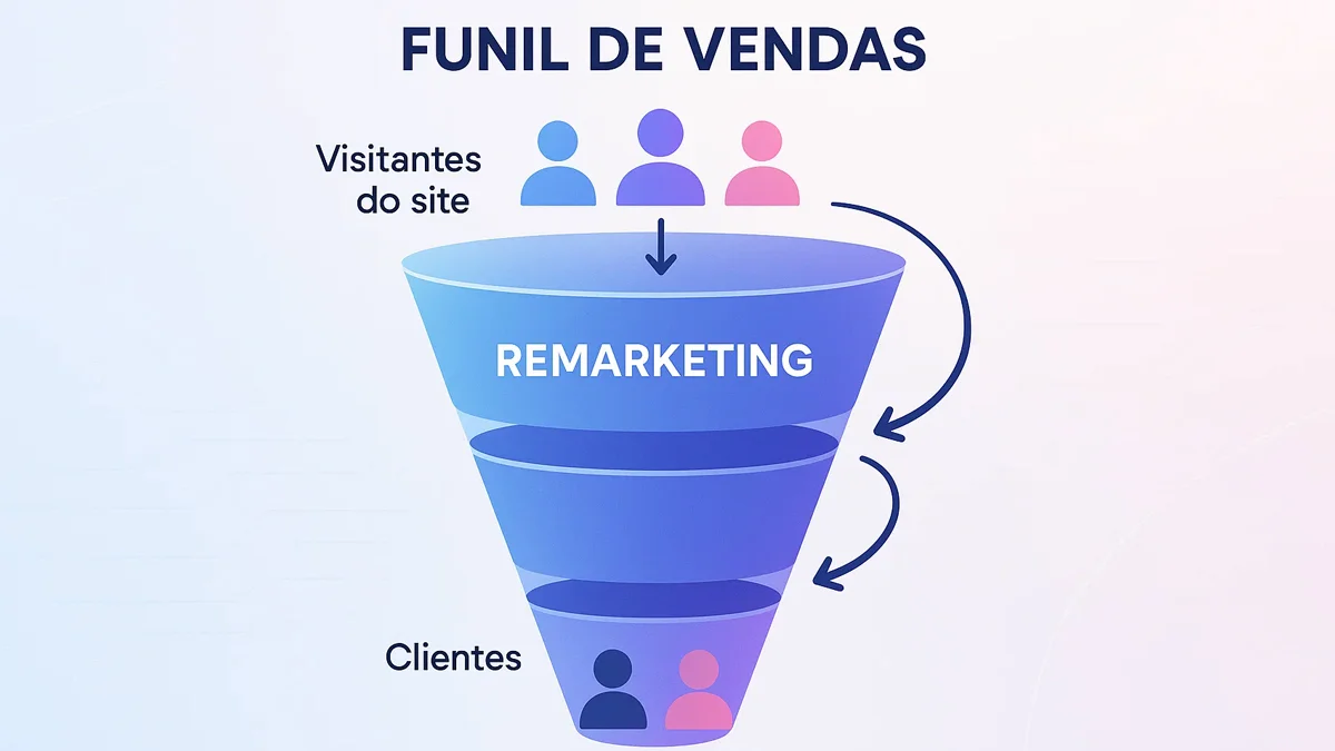 Ilustração de um funil de vendas digital, onde a estratégia de Remarketing é destacada no meio e no fim do funil, indicando a recuperação de clientes que saíram do site, com foco em empresários e pequenos negócios que buscam otimizar o ROI em marketing.