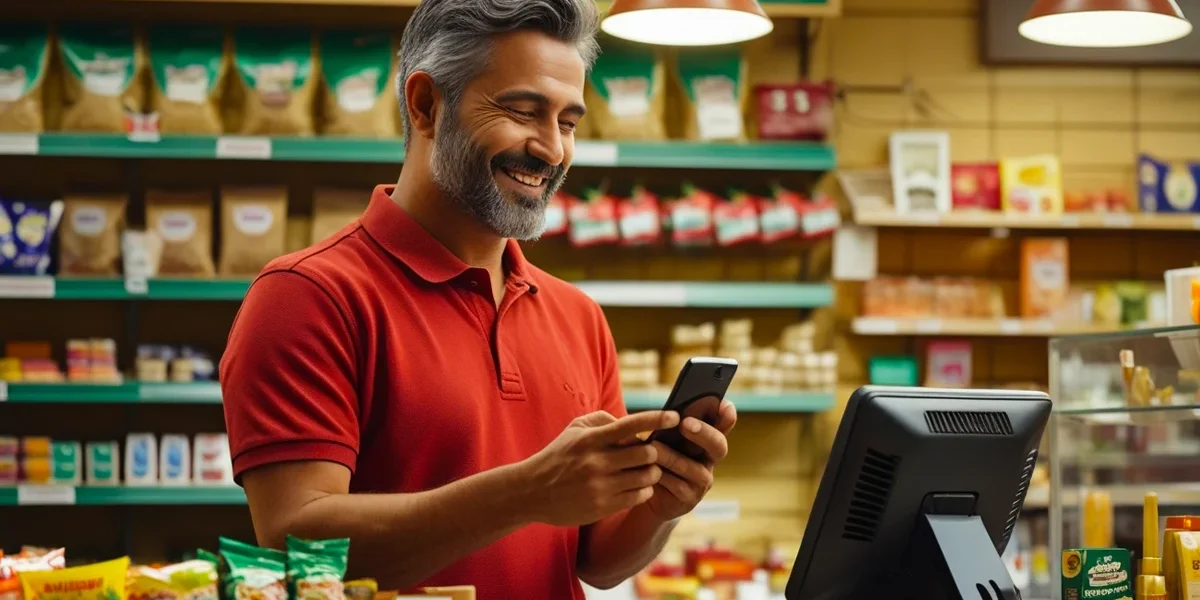 Representação visual de um smartphone com a interface do TikTok, mostrando vídeos curtos e criativos. O foco está na tela de um pequeno empresário ou lojista utilizando a plataforma para marketing de seu negócio, simbolizando a aplicação das lições de grandes marcas para um crescimento orgânico e autêntico.