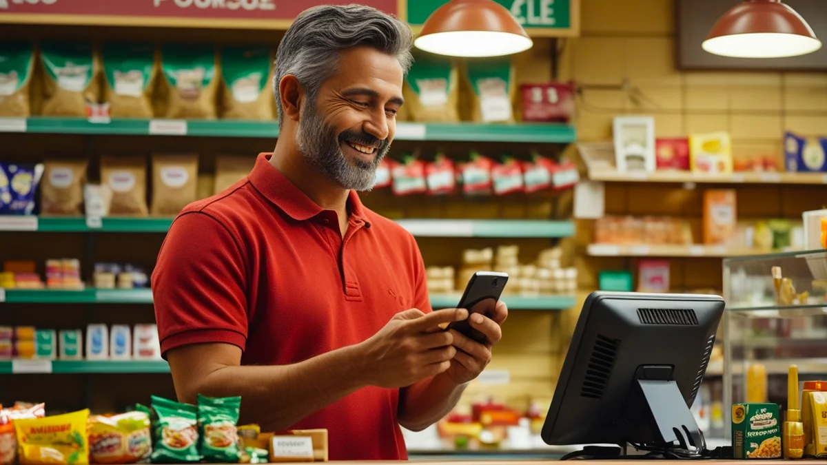 Representação visual de um smartphone com a interface do TikTok, mostrando vídeos curtos e criativos. O foco está na tela de um pequeno empresário ou lojista utilizando a plataforma para marketing de seu negócio, simbolizando a aplicação das lições de grandes marcas para um crescimento orgânico e autêntico.