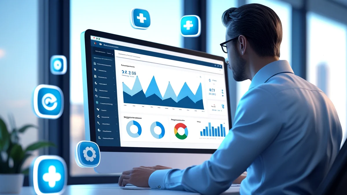Empresário analisando um painel de publicidade digital em um computador com ícones das extensões do Chrome (Meta Pixel, Tag Assistant, Lighthouse, SimilarWeb) sobrepostos, mostrando ferramentas de otimização.