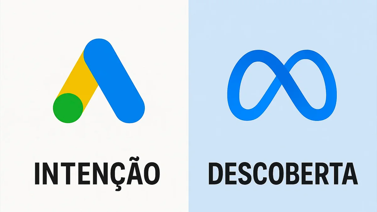 Uma imagem comparativa mostrando o logotipo do Google Ads de um lado, simbolizando a busca (intenção), e o logotipo do Meta (Facebook/Instagram) do outro, simbolizando a descoberta (audiência), com um empresário ao centro decidindo onde investir.