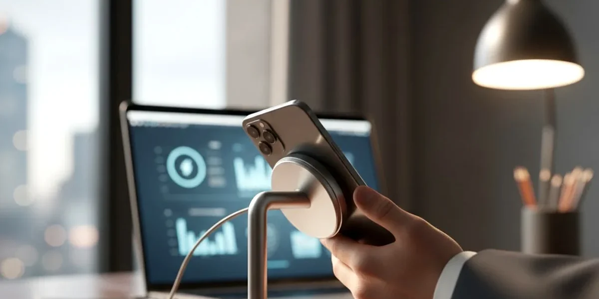 Mão de um empresário segurando um celular carregando com um carregador MagSafe em um suporte de mesa, com um notebook ao fundo, simbolizando a integração de tecnologia e produtividade no marketing e nos negócios.