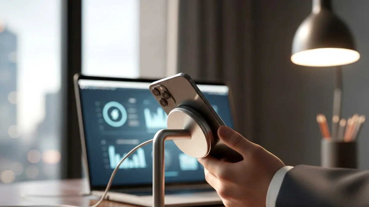 Mão de um empresário segurando um celular carregando com um carregador MagSafe em um suporte de mesa, com um notebook ao fundo, simbolizando a integração de tecnologia e produtividade no marketing e nos negócios.