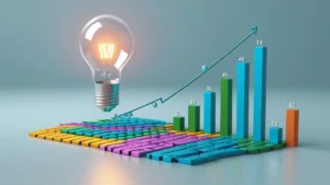 Diagrama visual representando um fluxo de trabalho organizado com engrenagens e setas, ligando a criatividade à previsibilidade financeira.