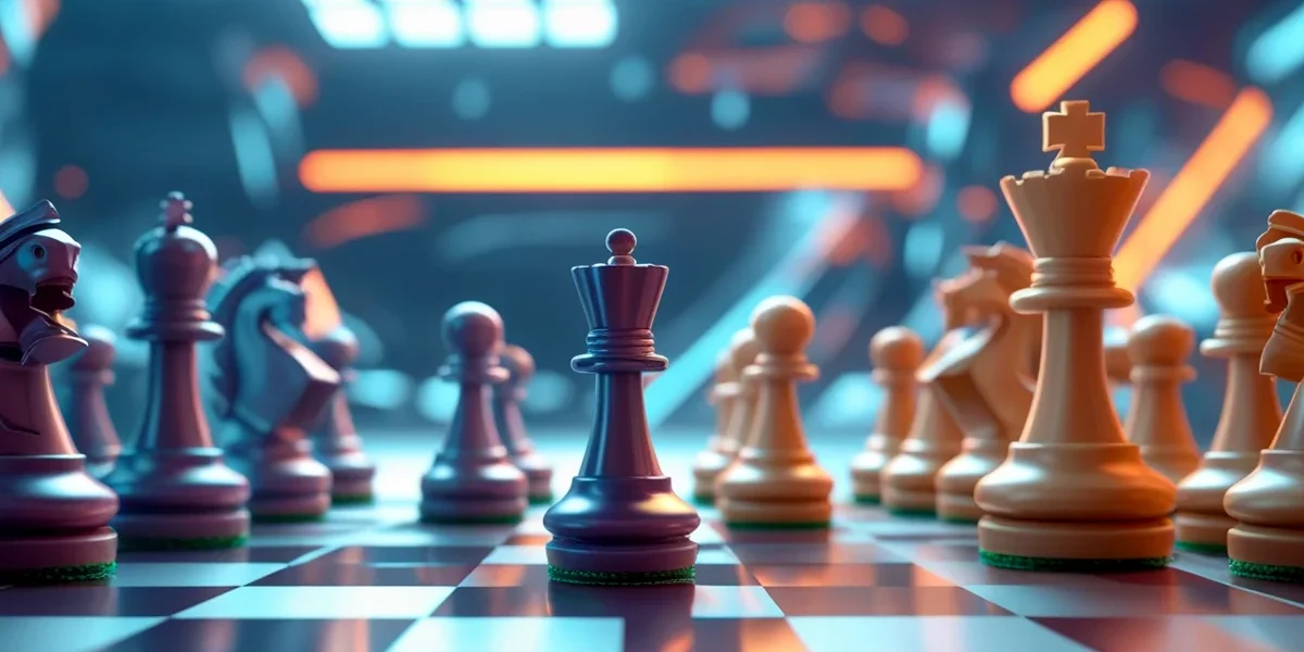 Representação de uma pequena peça de xadrez (pequeno negócio) superando uma grande peça (grande marca) no tabuleiro digital.