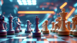 Representação de uma pequena peça de xadrez (pequeno negócio) superando uma grande peça (grande marca) no tabuleiro digital.