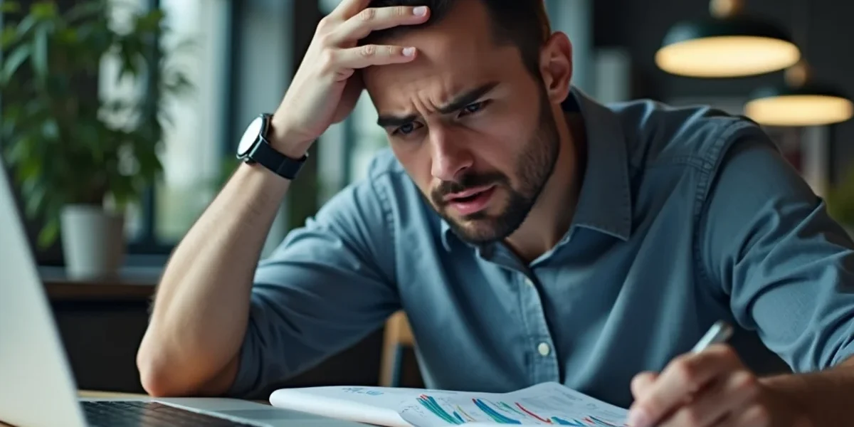 Empresário analisando proposta de marketing digital com expressão de dúvida, comparando preço e qualidade em um