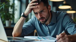 Empresário analisando proposta de marketing digital com expressão de dúvida, comparando preço e qualidade em um