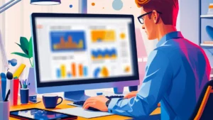 Um profissional de novos negócios (Business Developer) focado, utilizando um laptop com um gráfico de funil de vendas (CRM) na tela, fazendo uma ligação (networking). A imagem simboliza a organização, a prospecção e a estratégia necessárias para guiar leads do primeiro contato ao fechamento de contratos em agências e pequenos negócios.