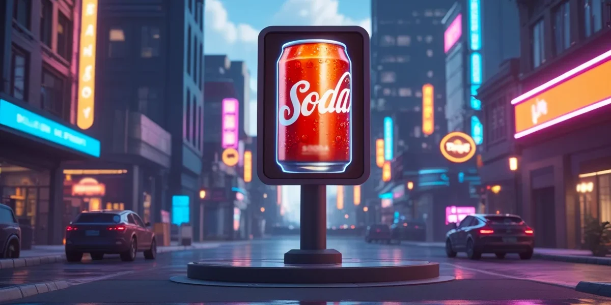 Um outdoor de publicidade virtual de uma marca de refrigerante dentro de um jogo de videogame 3D de uma cidade, mostrando como a publicidade in-game se integra ao marketing digital para alcançar novos públicos.