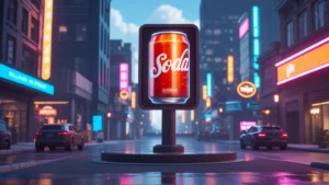 Um outdoor de publicidade virtual de uma marca de refrigerante dentro de um jogo de videogame 3D de uma cidade, mostrando como a publicidade in-game se integra ao marketing digital para alcançar novos públicos.