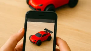 Uma imagem que representa um smartphone moderno com lente avançada capturando uma foto ou vídeo com qualidade profissional, destacando a capacidade de substituir câmeras DSLR para produção de conteúdo e marketing digital em pequenos negócios.