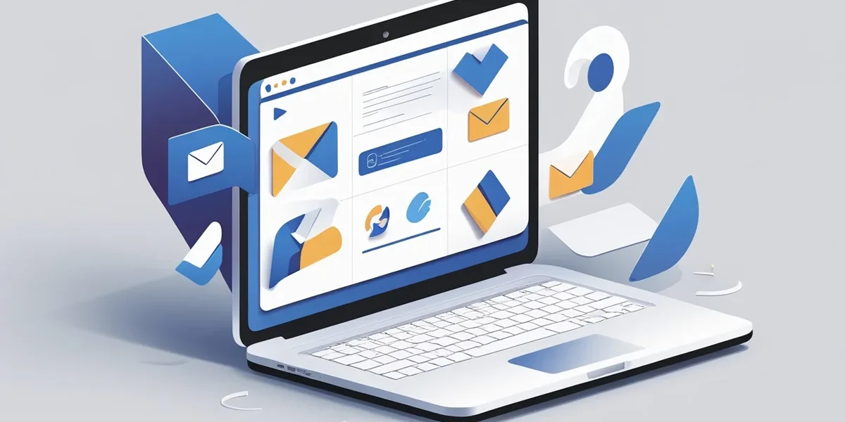 Notebook com tela de e-mail e ícones de automação, representando a eficácia e estratégias de e-mail marketing em 2025.