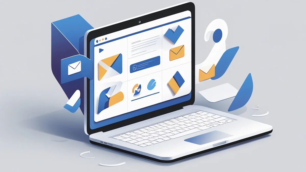 Notebook com tela de e-mail e ícones de automação, representando a eficácia e estratégias de e-mail marketing em 2025.