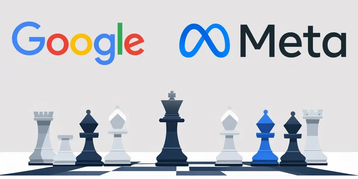 Símbolos do Google e da Meta (Facebook/Instagram) em um duelo de xadrez, representando a estratégia de Mídia Paga em 2025.