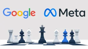 Símbolos do Google e da Meta (Facebook/Instagram) em um duelo de xadrez, representando a estratégia de Mídia Paga em 2025.