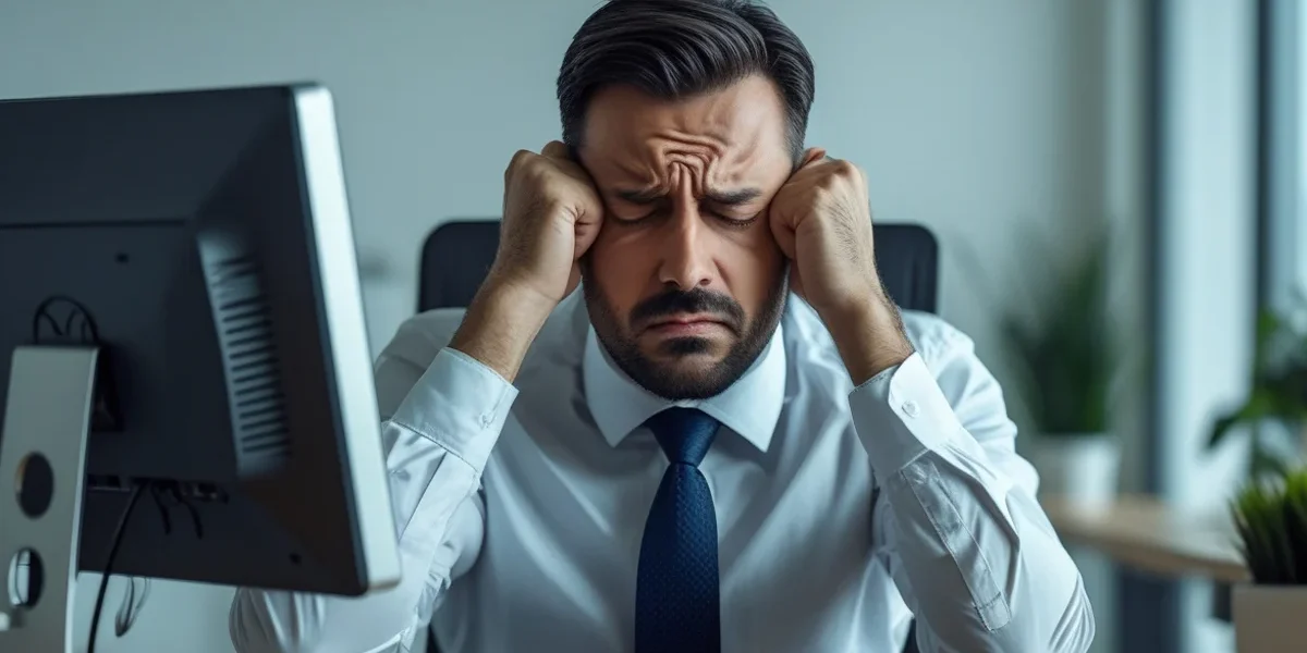 Empresário em frente ao computador demonstrando cansaço, cercado por ícones flutuantes de redes sociais e gráficos de vendas.